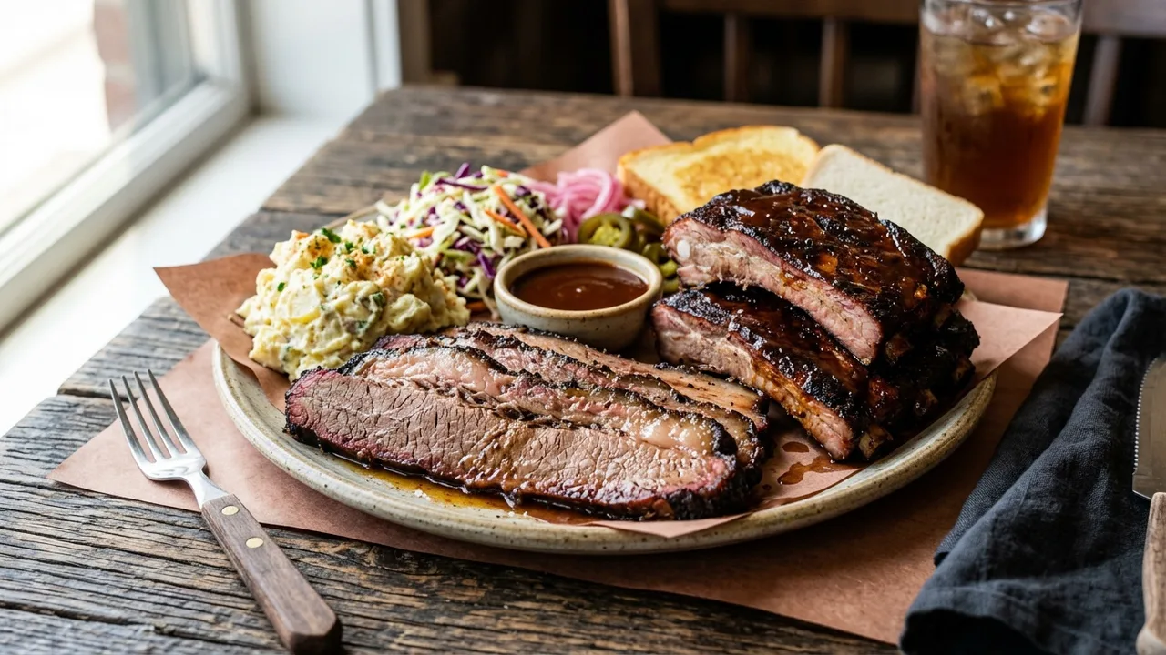 Coop's West Texas BBQ smoked brisket and ribs platter