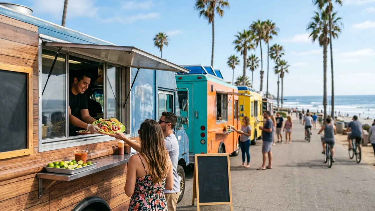San Diego food trucks lined up near the beach with palm trees and sunny California sky