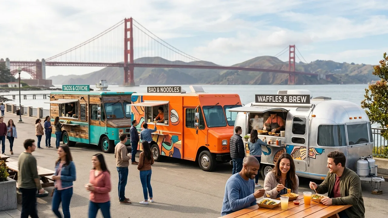 San Francisco Best Food Trucks Guide - diverse gourmet food trucks with Golden Gate Bridge