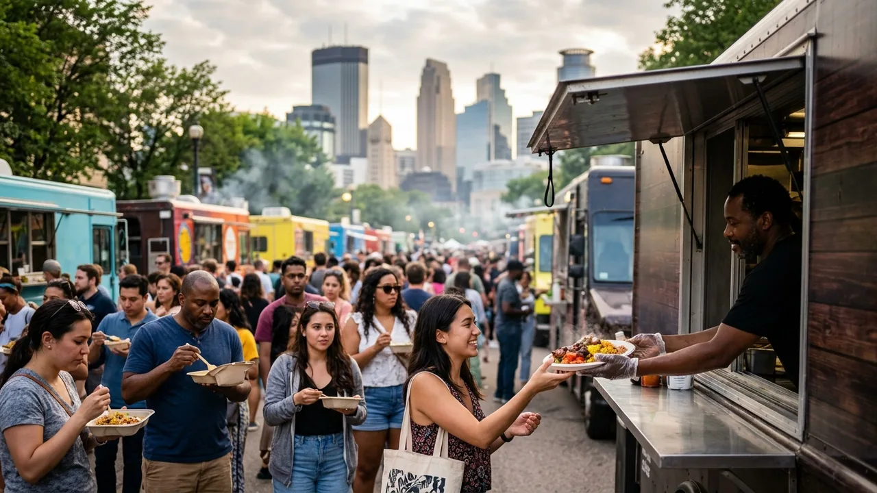 Twin Cities food truck festival with diverse food trucks serving crowds in Minneapolis with the downtown skyline in the background