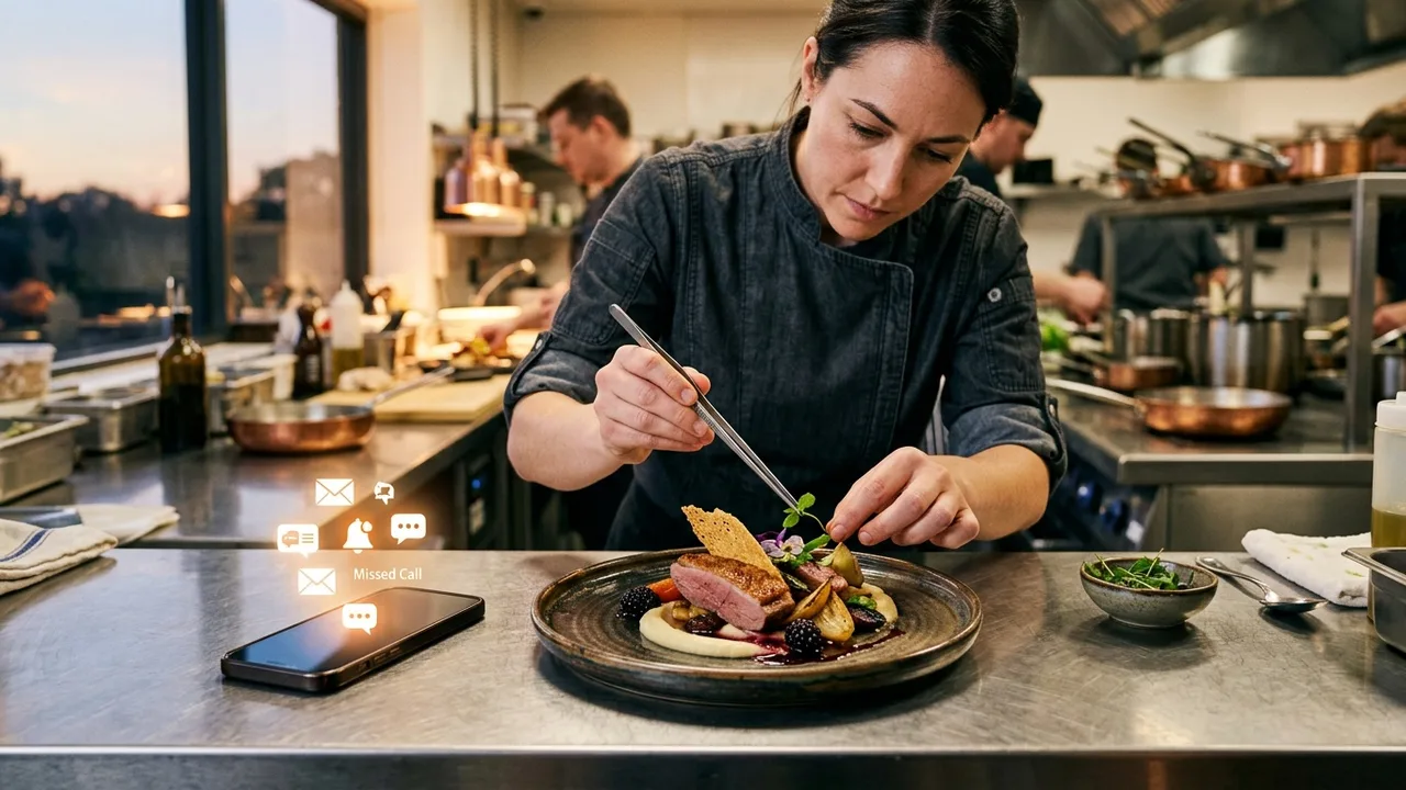 An elegant plated catering dish being finished by hand on a kitchen pass, a smartphone glowing with notifications beside it, evening light