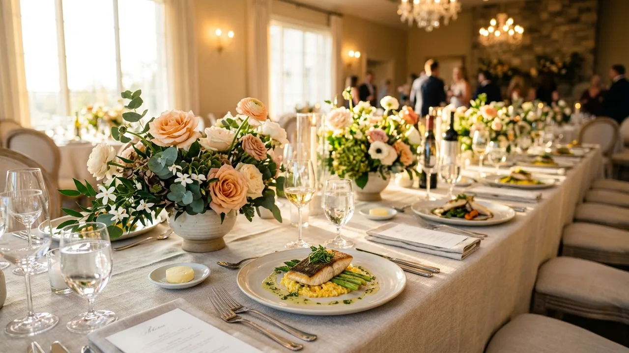 A beautifully set catering table at an upscale reception with floral centerpieces, plated courses and soft golden-hour light