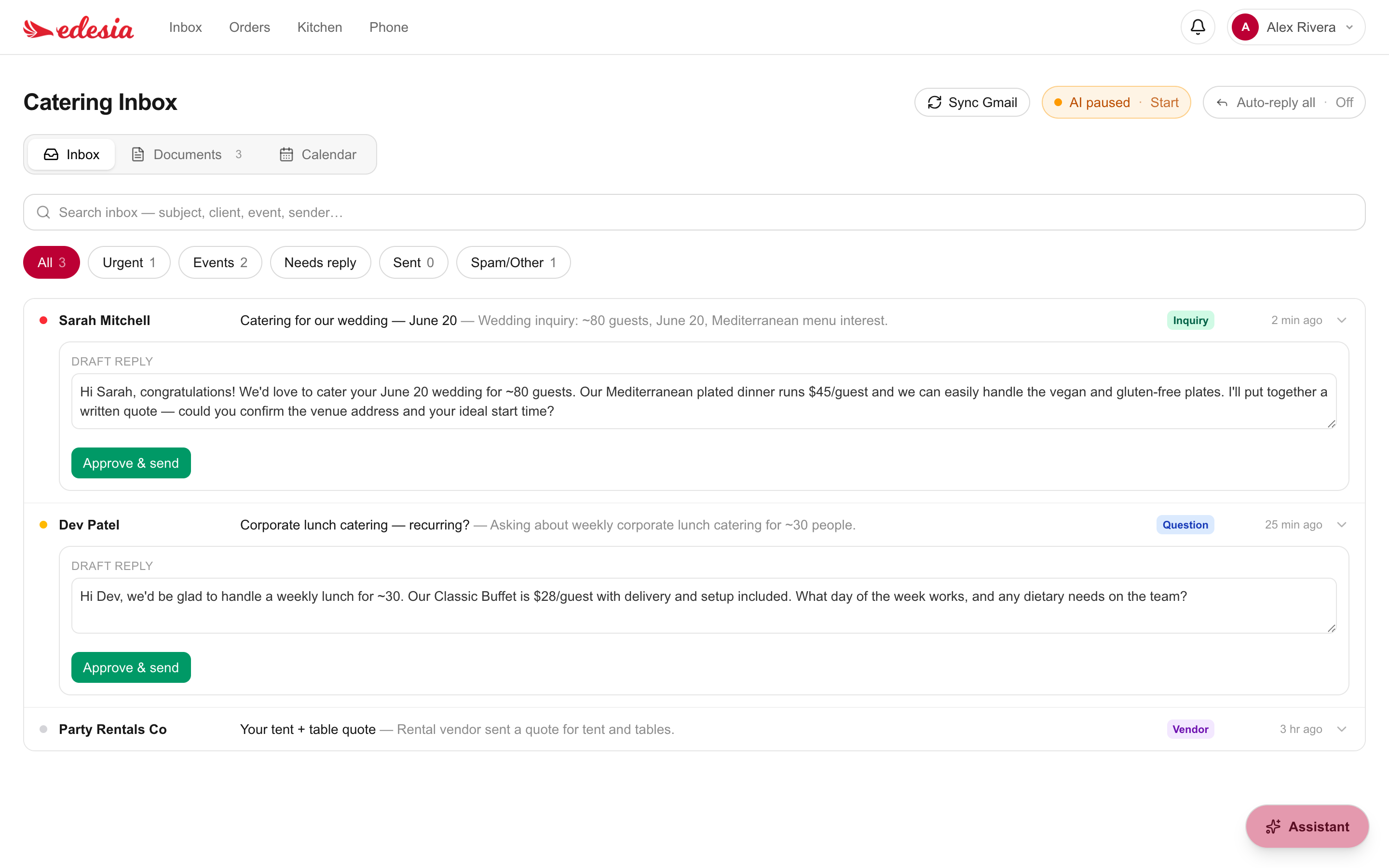 Edesia inbox showing customer catering conversations